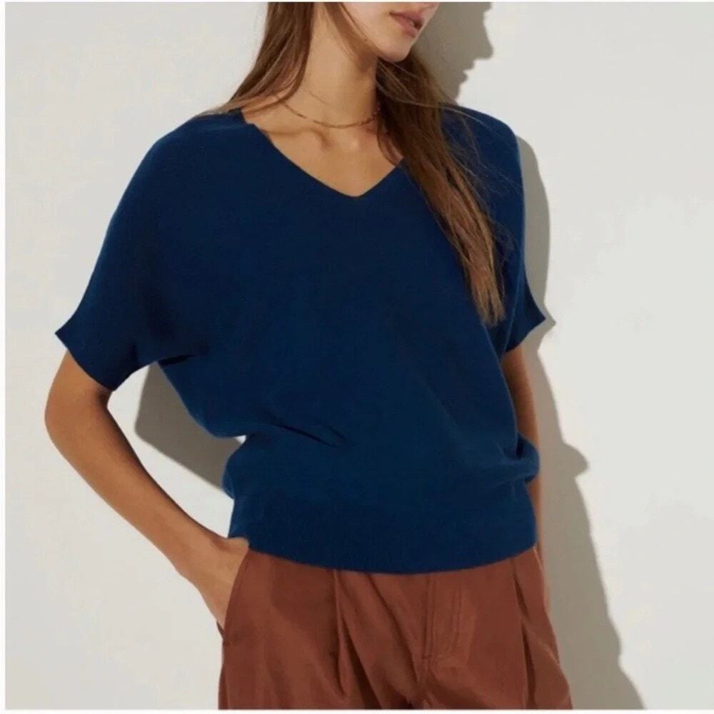 The Reset R Label V Neck Dolman Sleeve Knit Sweater Top Blue S M 100% Wool